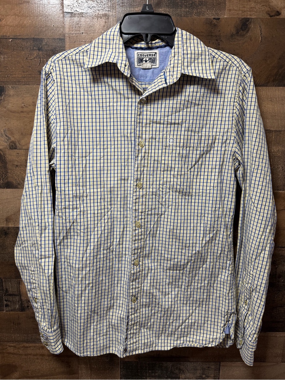 Converse One Star Mens Small Plaid Button Up Shirt Blue Yellow Cotton Hong Kong